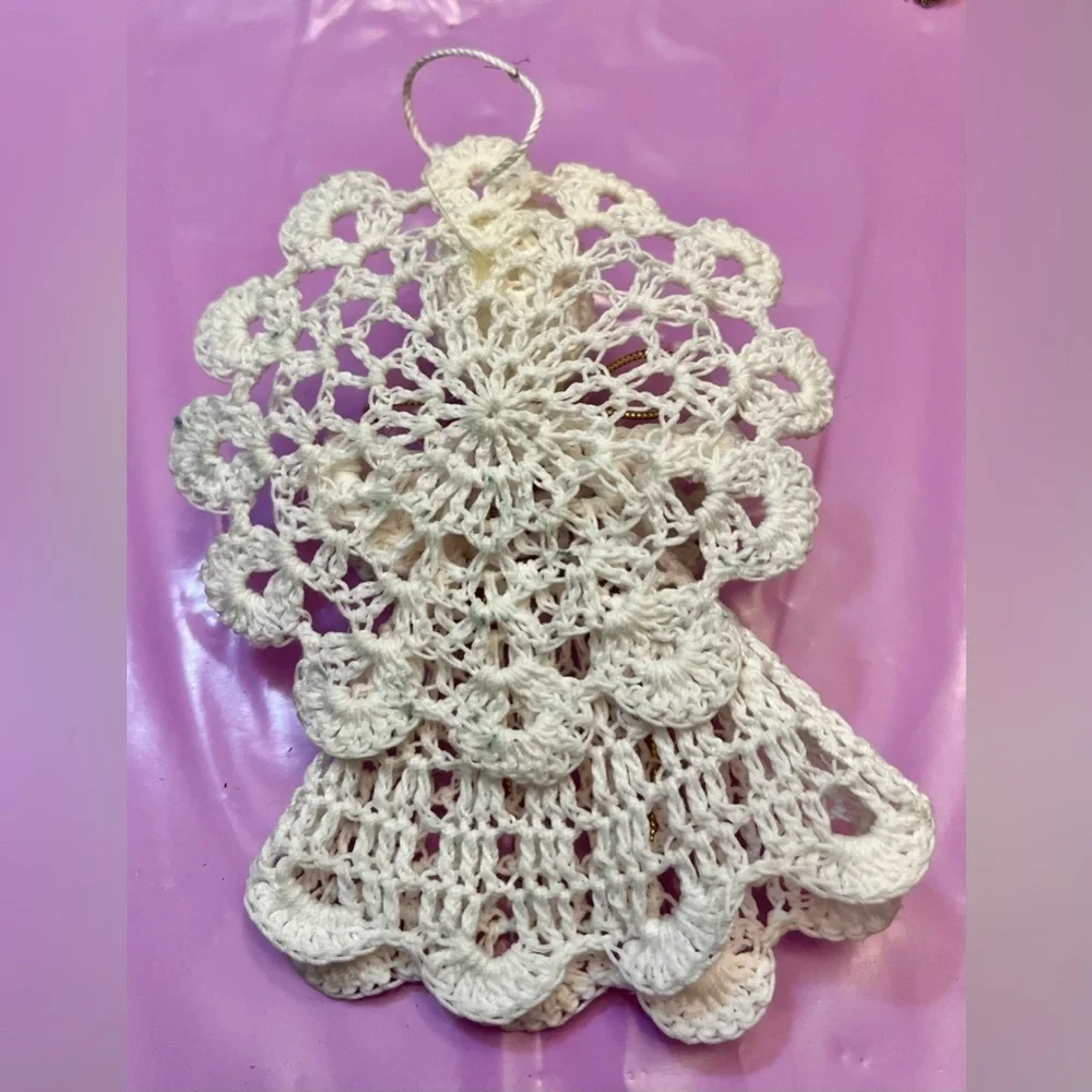 Vtg 3D Crochet Angel Ornament | Starched Lace Snowflake Halo Grandmacore Decor